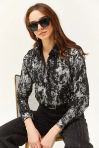 Olalook Women's Lame Black Sleeve Folded Linen Shirt - Image 3