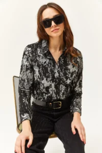 Olalook Women's Lame Black Sleeve Folded Linen Shirt - Image 4