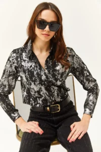 Olalook Women's Lame Black Sleeve Folded Linen Shirt - Image 5
