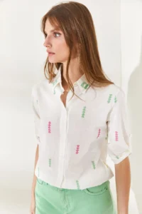 Olalook Women's Arrow Green Pink Sleeve Folded Linen Shirt - Image 2