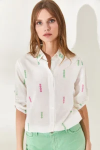 Olalook Women's Arrow Green Pink Sleeve Folded Linen Shirt - Image 3