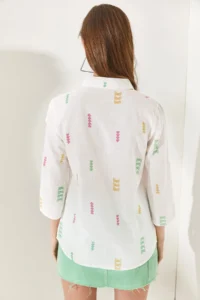 Olalook Women's Arrow Green Pink Sleeve Folded Linen Shirt - Image 5
