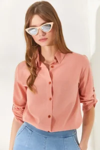 Olalook Women's Powder Sleeve Folded Linen Shirt