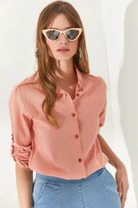 Olalook Women's Powder Sleeve Folded Linen Shirt - Image 3
