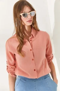 Olalook Women's Powder Sleeve Folded Linen Shirt - Image 4