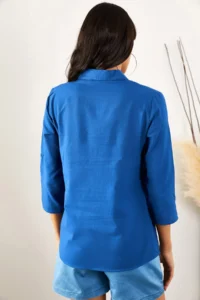 Olalook Women Saks Blue Blue Blue Kol folded Linen Shirt - Image 2