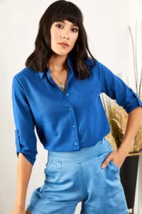 Olalook Women Saks Blue Blue Blue Kol folded Linen Shirt - Image 3