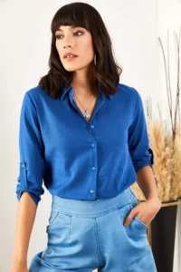 Olalook Women Saks Blue Blue Blue Kol folded Linen Shirt - Image 4