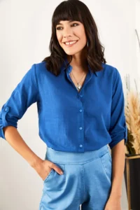 Olalook Women Saks Blue Blue Blue Kol folded Linen Shirt - Image 5