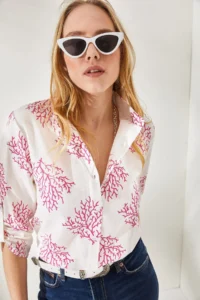Olalook Women's Bush Fuchsia Sleeve Folded Linen Shirt - Image 2