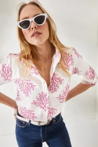Olalook Women's Bush Fuchsia Sleeve Folded Linen Shirt - Image 3