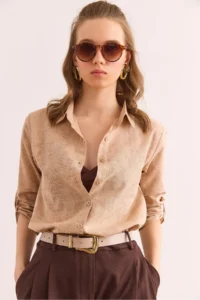 Olalook Women's Spray Beige Sleeve Folded Linen Shirt