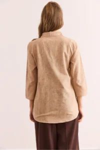 Olalook Women's Spray Beige Sleeve Folded Linen Shirt - Image 2