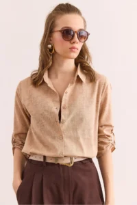 Olalook Women's Spray Beige Sleeve Folded Linen Shirt - Image 3
