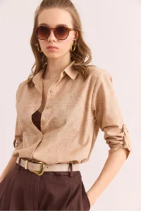 Olalook Women's Spray Beige Sleeve Folded Linen Shirt - Image 4