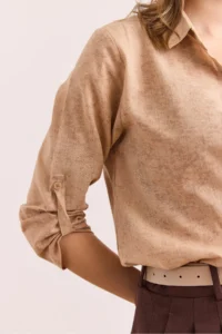 Olalook Women's Spray Beige Sleeve Folded Linen Shirt - Image 5