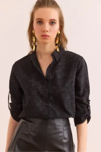 Olalook Women's Spray Black Sleeve Folded Linen Shirt