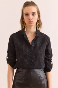 Olalook Women's Spray Black Sleeve Folded Linen Shirt - Image 3