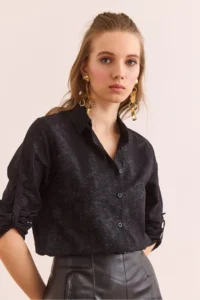 Olalook Women's Spray Black Sleeve Folded Linen Shirt - Image 4