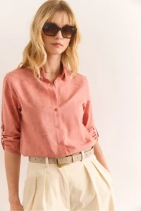 Olalook Women's Spray Dusty Rose Sleeve Folded Linen Shirt