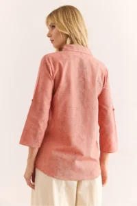 Olalook Women's Spray Dusty Rose Sleeve Folded Linen Shirt - Image 2