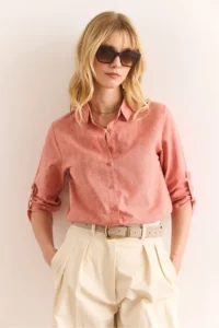 Olalook Women's Spray Dusty Rose Sleeve Folded Linen Shirt - Image 3