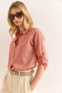 Olalook Women's Spray Dusty Rose Sleeve Folded Linen Shirt - Image 4