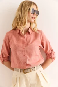 Olalook Women's Spray Dusty Rose Sleeve Folded Linen Shirt - Image 5