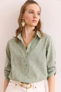 Olalook Women's Spray Water Green Sleeve Folded Linen Shirt - Image 3