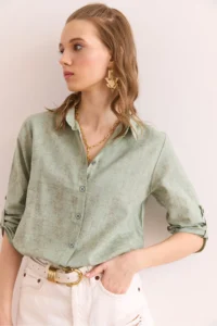 Olalook Women's Spray Water Green Sleeve Folded Linen Shirt - Image 4