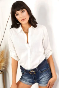 Olalook Women White Kol folded Linen Shirt