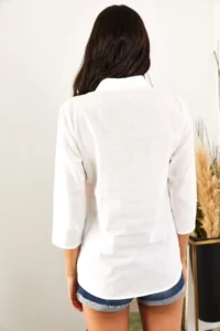 Olalook Women White Kol folded Linen Shirt - Image 3