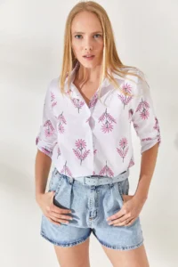 Olalook Wind Rose Fuchsia Sleeve Folded Linen Shirt