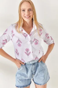 Olalook Wind Rose Fuchsia Sleeve Folded Linen Shirt - Image 2