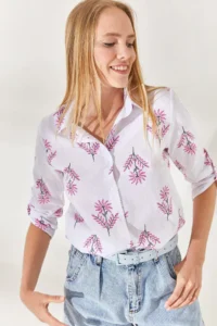 Olalook Wind Rose Fuchsia Sleeve Folded Linen Shirt - Image 3