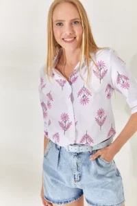 Olalook Wind Rose Fuchsia Sleeve Folded Linen Shirt - Image 4