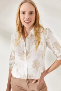 Olalook Women's Fan Beige Sleeve Folded Linen Shirt - Image 2