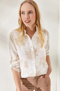Olalook Women's Fan Beige Sleeve Folded Linen Shirt - Image 3