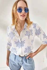 Olalook Women's Fan Navy Blue Sleeve Folded Linen Shirt - Image 3