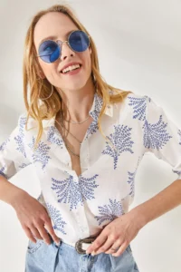 Olalook Women's Fan Navy Blue Sleeve Folded Linen Shirt - Image 4