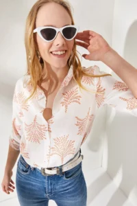 Olalook Women's Fan Orange Sleeve Folded Linen Shirt