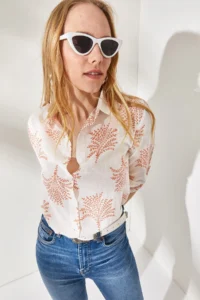 Olalook Women's Fan Orange Sleeve Folded Linen Shirt - Image 2
