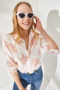 Olalook Women's Fan Orange Sleeve Folded Linen Shirt - Image 4