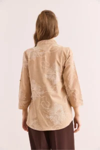 Olalook Women's Chain Beige Sleeve Folded Linen Shirt - Image 2