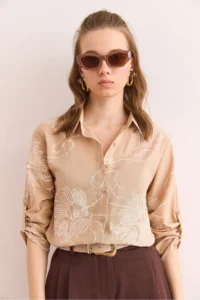 Olalook Women's Chain Beige Sleeve Folded Linen Shirt - Image 3