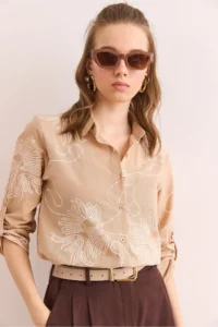 Olalook Women's Chain Beige Sleeve Folded Linen Shirt - Image 4