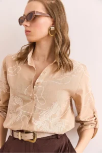 Olalook Women's Chain Beige Sleeve Folded Linen Shirt - Image 5