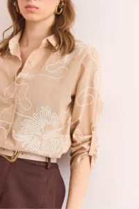 Olalook Women's Chain Beige Sleeve Folded Linen Shirt - Image 6