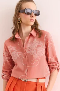 Olalook Women's Chain Dusty Rose Sleeve Folded Linen Shirt