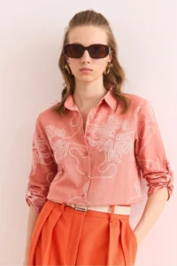 Olalook Women's Chain Dusty Rose Sleeve Folded Linen Shirt - Image 3